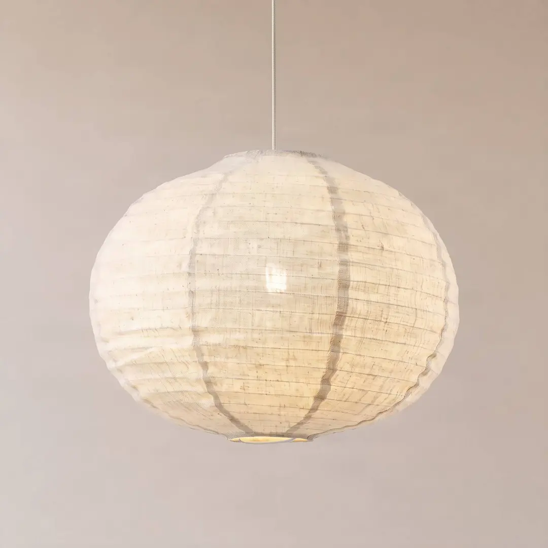 Lindby Hängeleuchte Autumn, beige, Ø 40 cm, Leinen, Ball