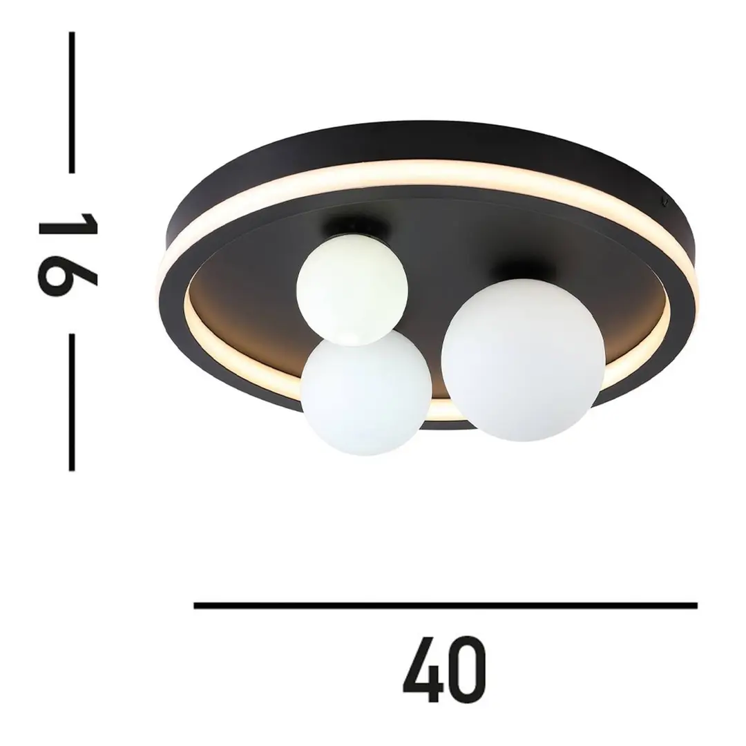 Searchlight LED-Deckenleuchte Trident, schwarz, Ø 40 cm, Stahl/Opalglas
