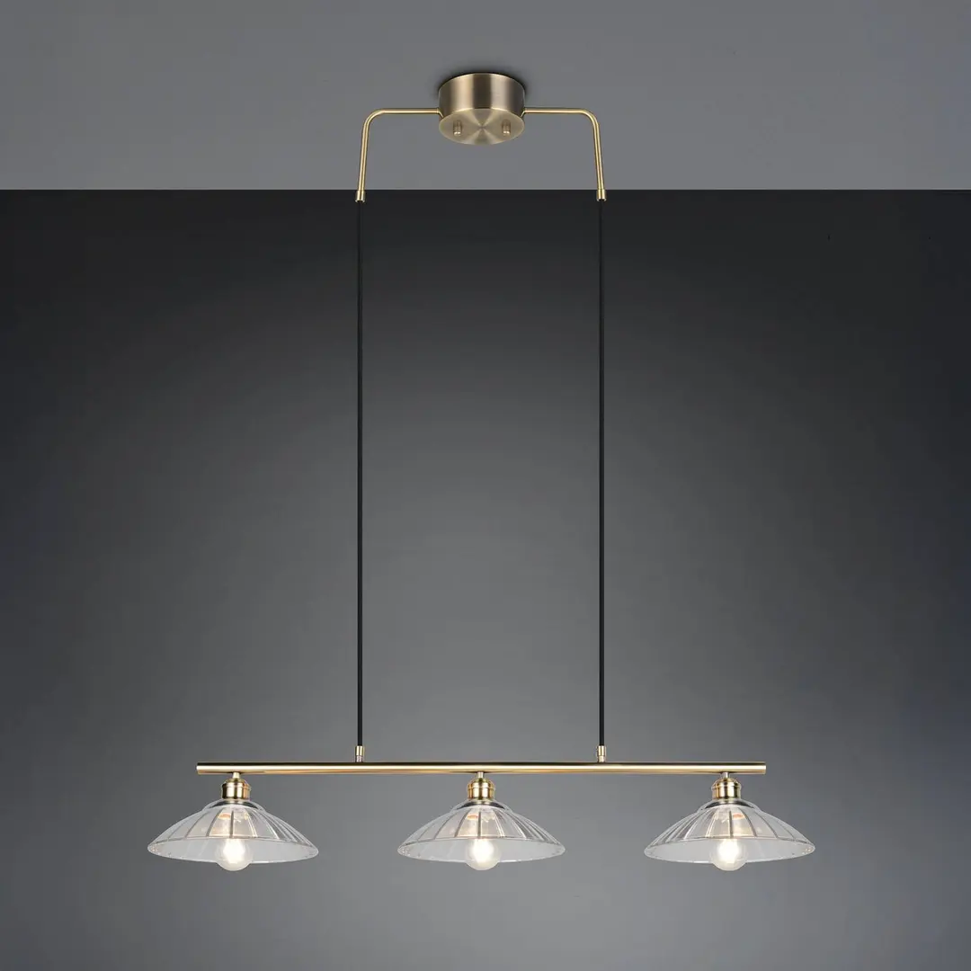 Reality Leuchten Hängelampe Eluna, klar/altmessing, 100 cm Glas/Metall 3-flg.