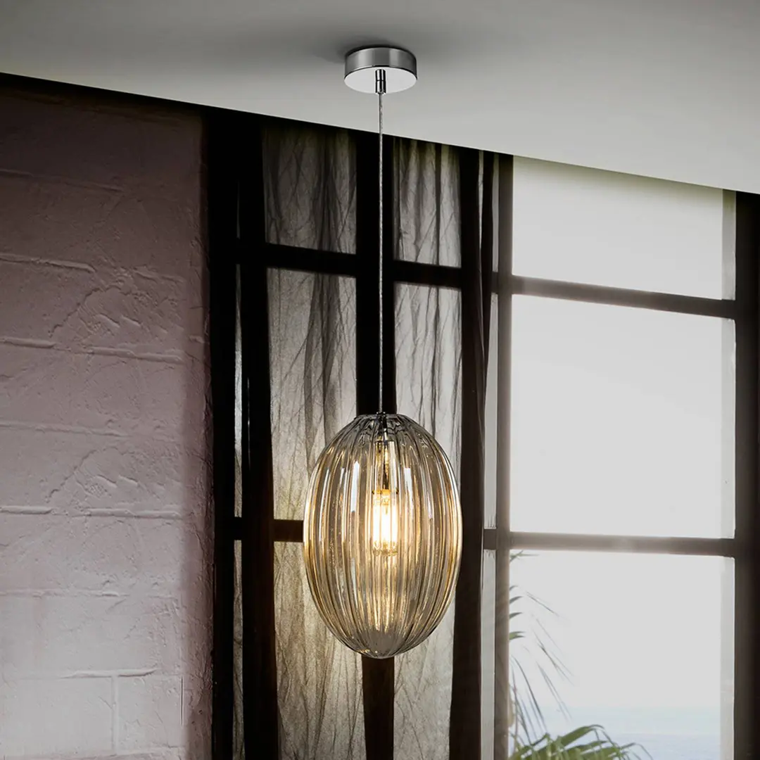 Schuller Valencia Pendelleuchte Ovila, 1-flg., Ø 20 cm, chrom/cognac, Glas