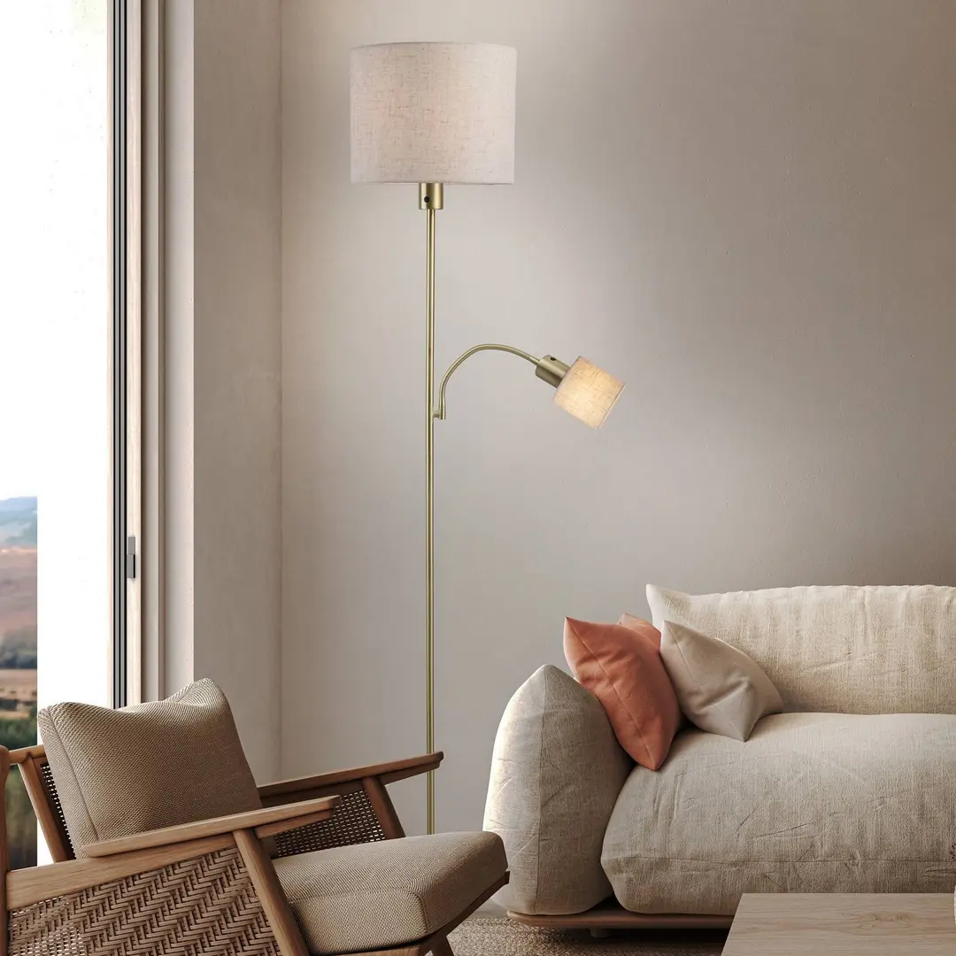 Naeve Leuchten Stehlampe Filomena, beige/messing, Textil, Lesearm, E27, E14
