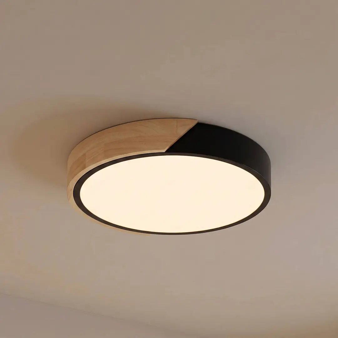 Prios LED-Deckenleuchte Lynorri, Ø 32 cm, schwarz, Holzdekor