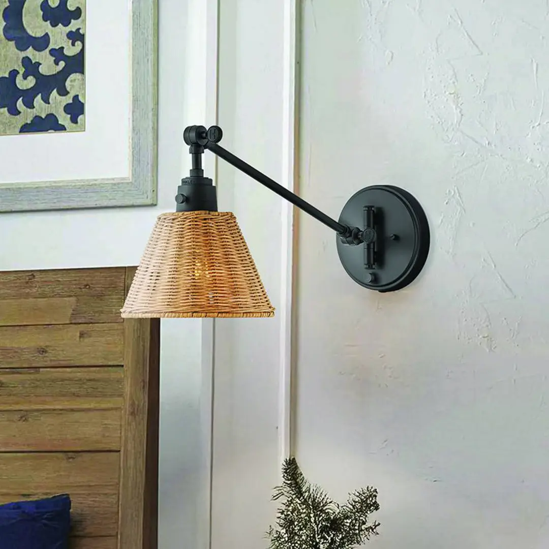 HINKLEY Wandleuchte Arti, schwarz/natur, Rattan, Stahl