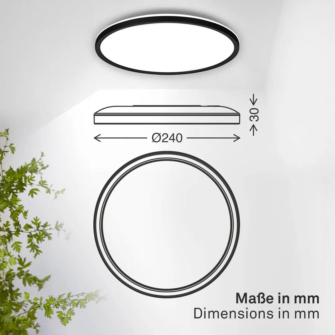 B.K. Licht LED-Deckenlampe Shallow, schwarz, Ø 24 cm, IP44, Kunststoff