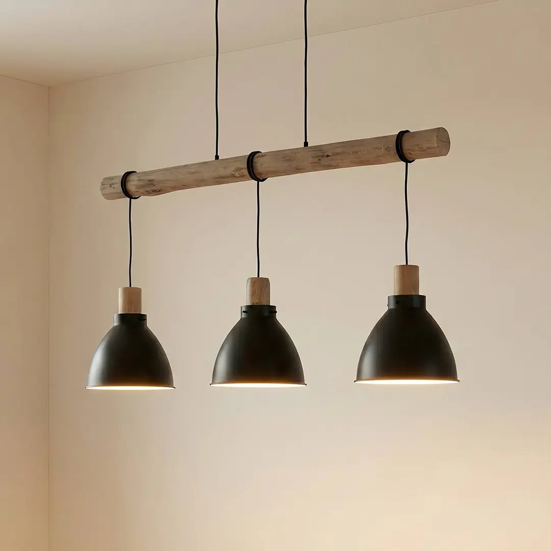 Lindby Hängeleuchte Trebale, 3-flg., schwarz, Holz/Metall