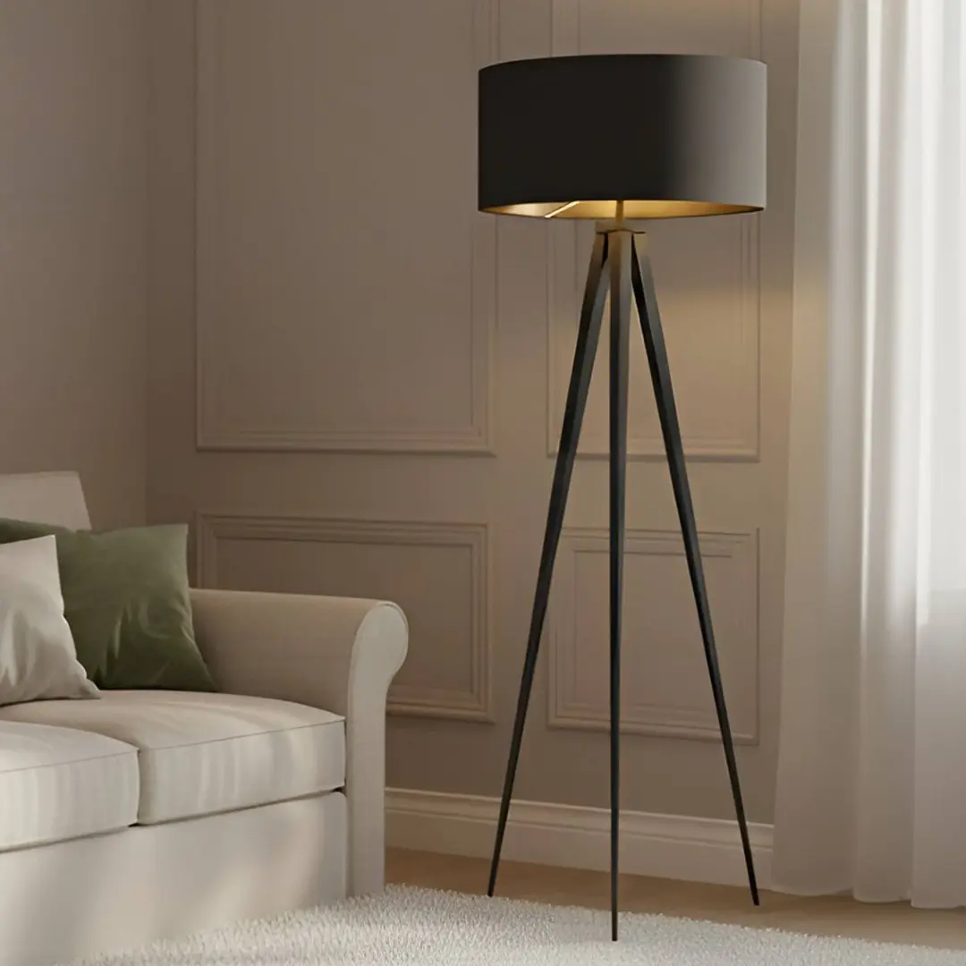 Lindby Stehlampe Benik, Tripod, Textil, schwarz/gold, 153cm