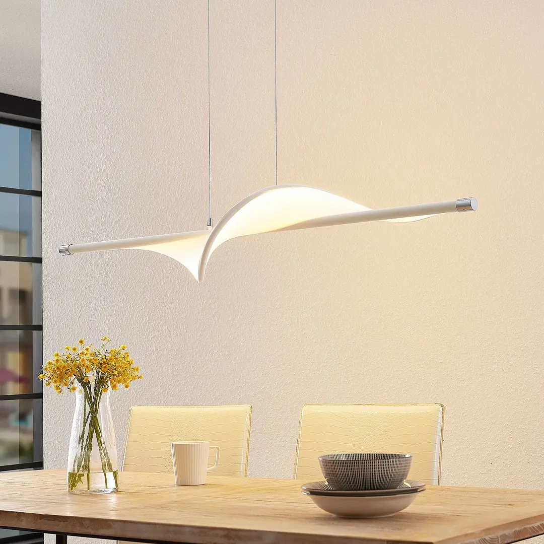 Lucande LED-Pendellampe Edano, 122 cm, weiß, Textil, dimmbar