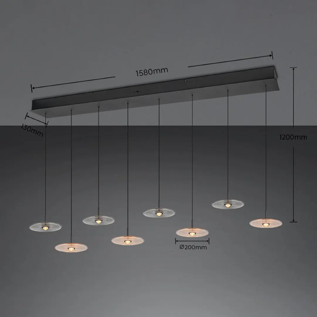 Trio Lighting LED-Hängelampe Sirena schwarz/amber/rauch 167 cm Glas 8-flg.