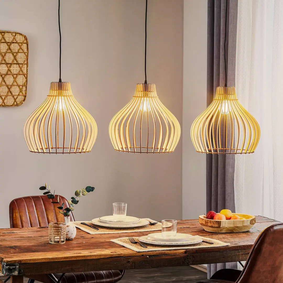 TEMAR LIGHTING Hängeleuchte Barrel mit Holzschirmen, 3-fl. lang
