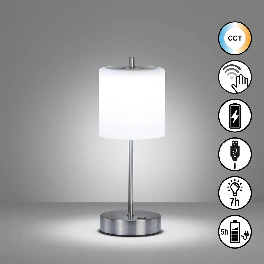 FH Lighting LED-Akku-Tischlampe Riva nickel/opal Höhe 34,5cm