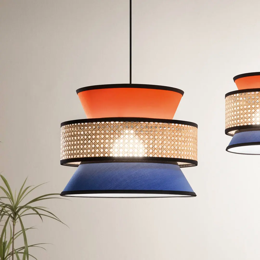 Luce Ambiente Design Hängelampe Gazebo, orange/blau/natur, Ø 40 cm, Stoff/Rattan