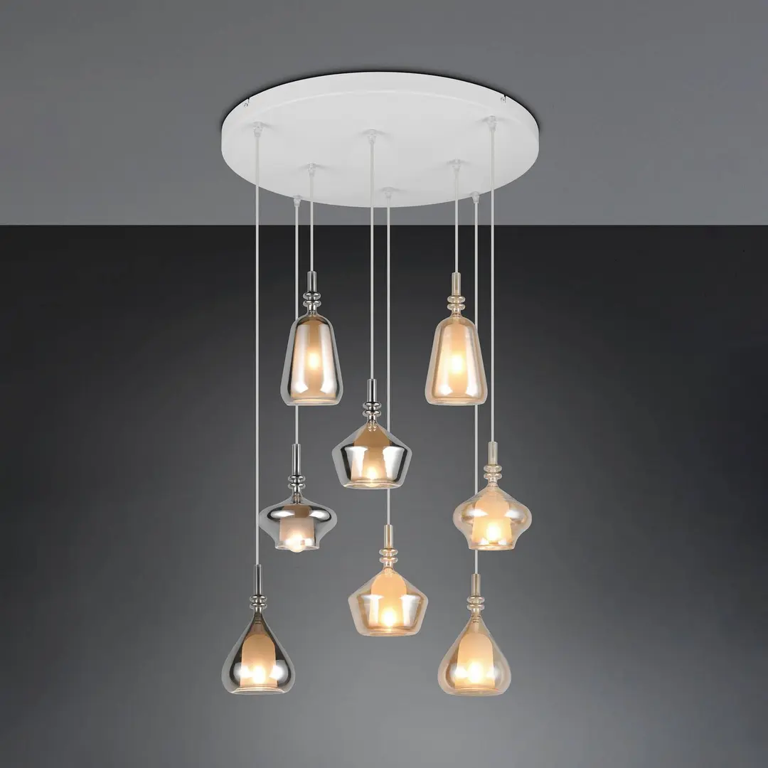 Trio Lighting Hängelampe Aldea, Ø 60 cm, weiß/amber/chrom, Glas, 8-flg.