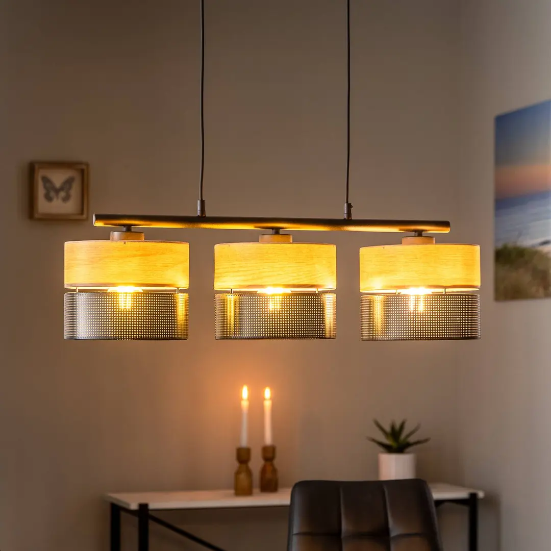 TK Lighting Hängelampe Nicol, schwarz/Holzoptik, 70x20 cm 3-flg. 3 x E27