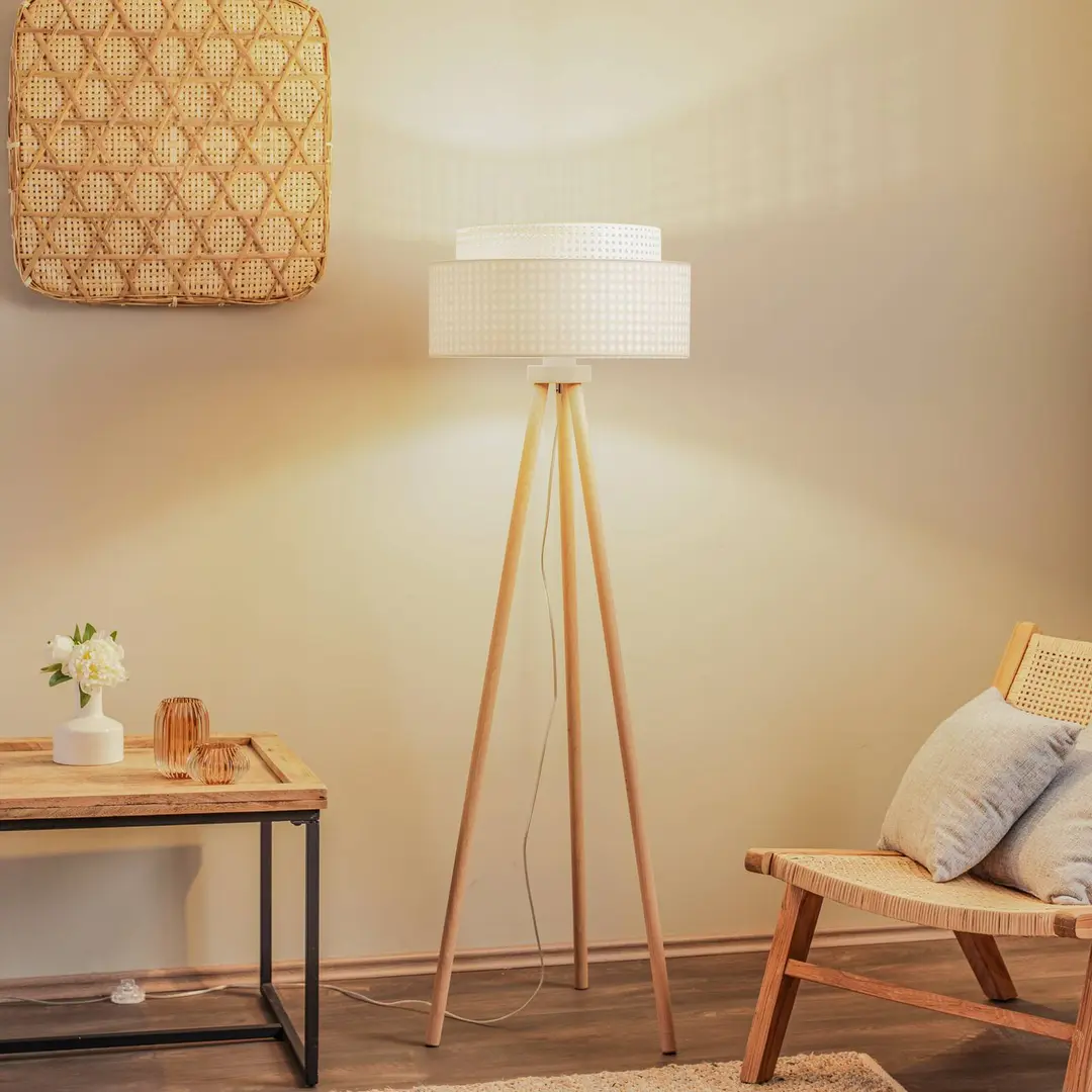 Duolla Stehleuchte Boho, weiß/holz, Textil/Rattan/Holz, 140 cm