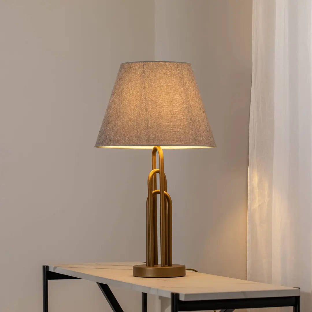Avonni Tischlampe Lazar, grau/gold antik, Höhe 65 cm, Textil/Metall