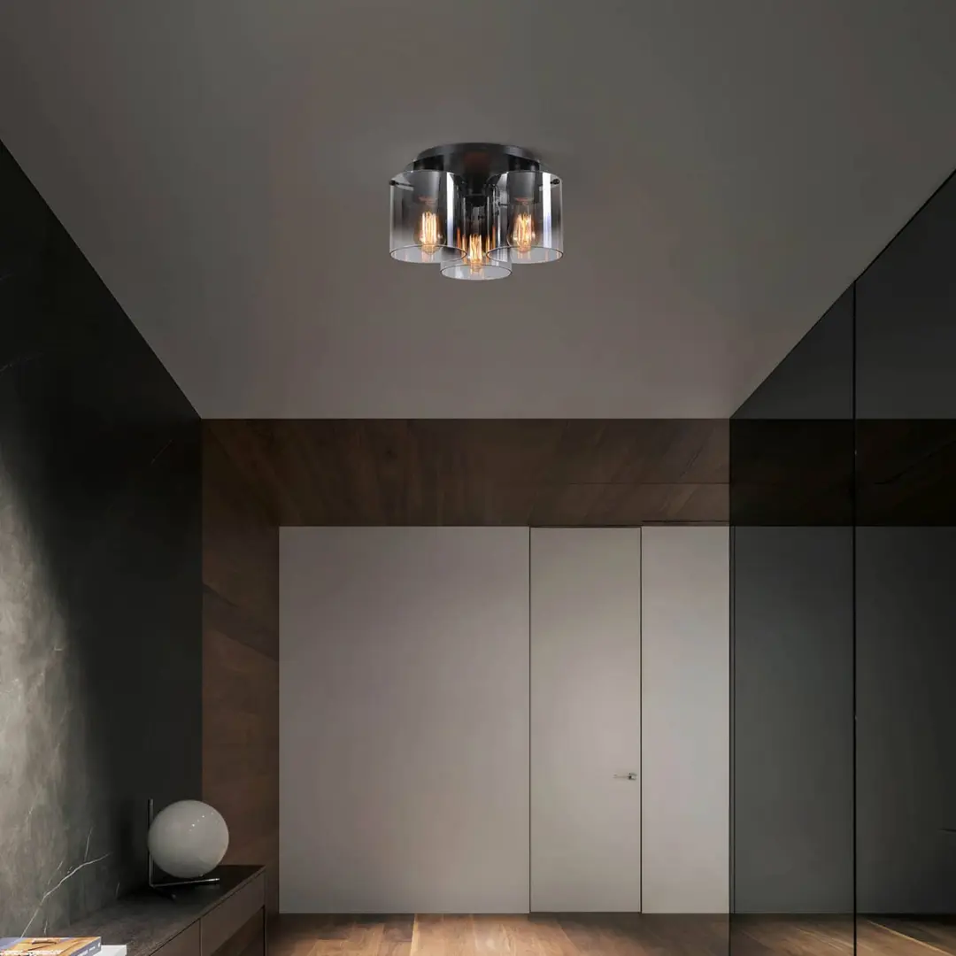 Searchlight Deckenleuchte Sweden, 3-fl., schwarz/rauchgrau, Stahl, Glas