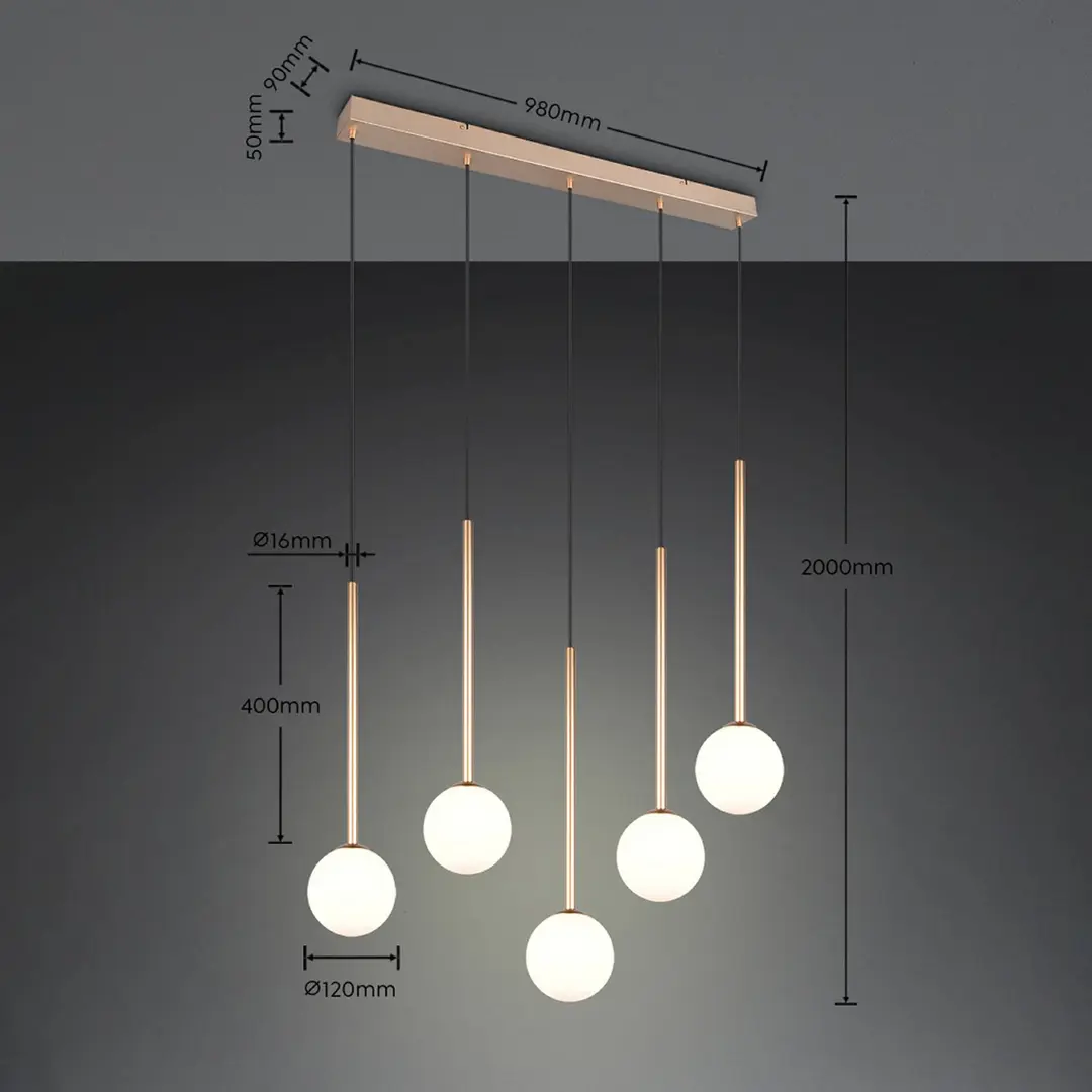 Trio Lighting Hängelampe Firano, goldfarben, Länge 107 cm, Metall 5-flg.