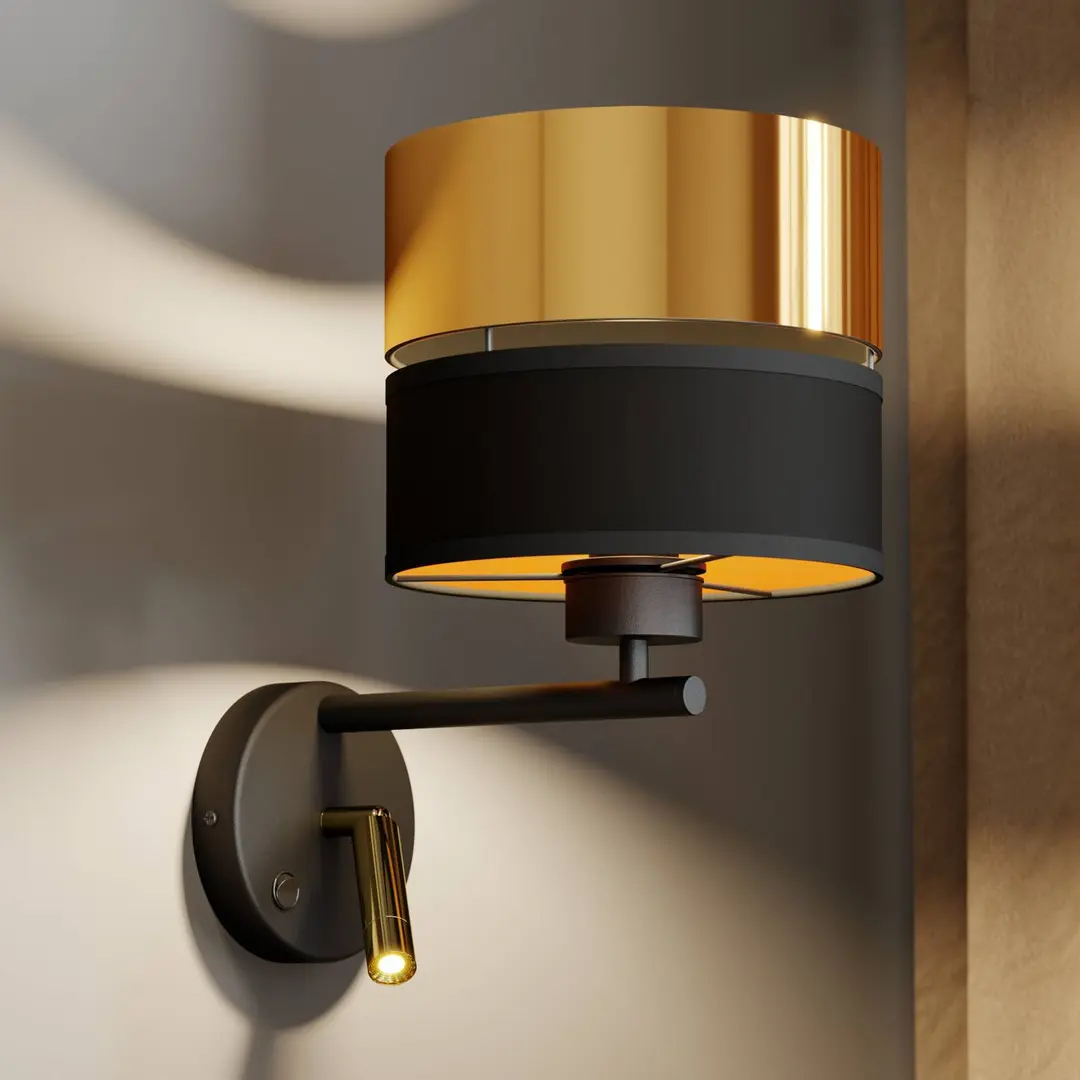 TK Lighting Wandleuchte Hilton schwarz/gold mit LED-Leselicht