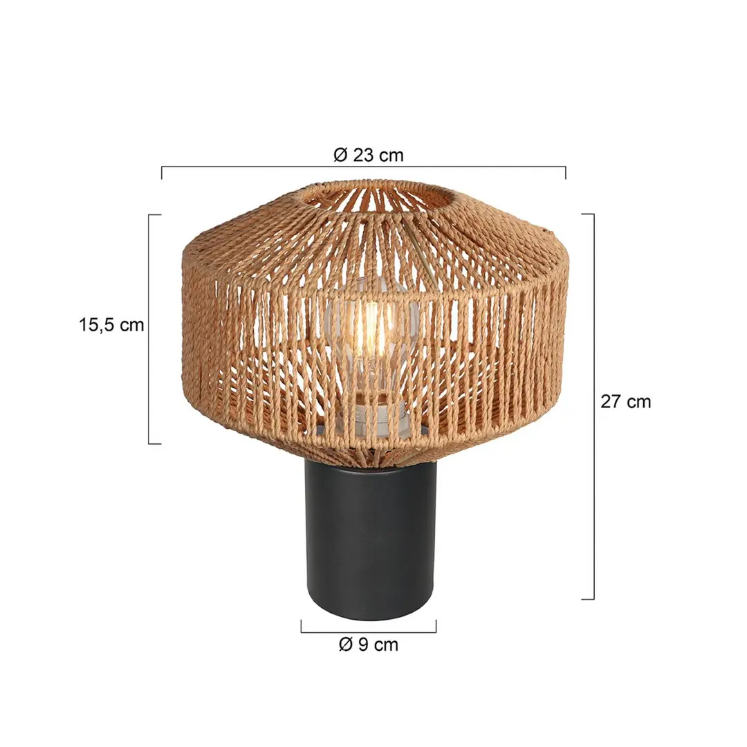 Anne Light Tischleuchte Bloeba, schwarz, Seilbespannung braun, Ø 23 cm