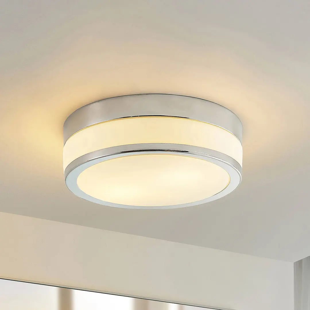 Lindby Deckenlampe Flavi, Ø 28 cm, chrom, Glas, IP44, E27
