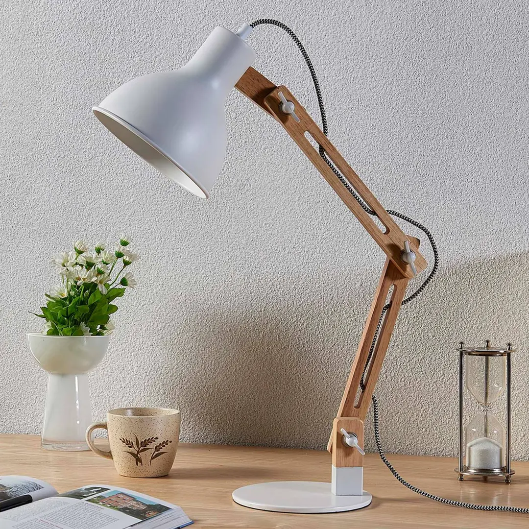 Lindby Schreibtischlampe Shivanja, Holz, verstellbar, E27