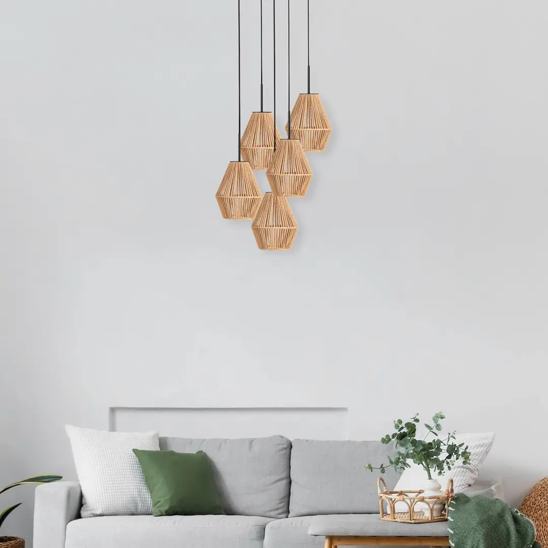 Anne Light Hängeleuchte Ropex 4526, 5fl. rund, schwarz, Seil braun