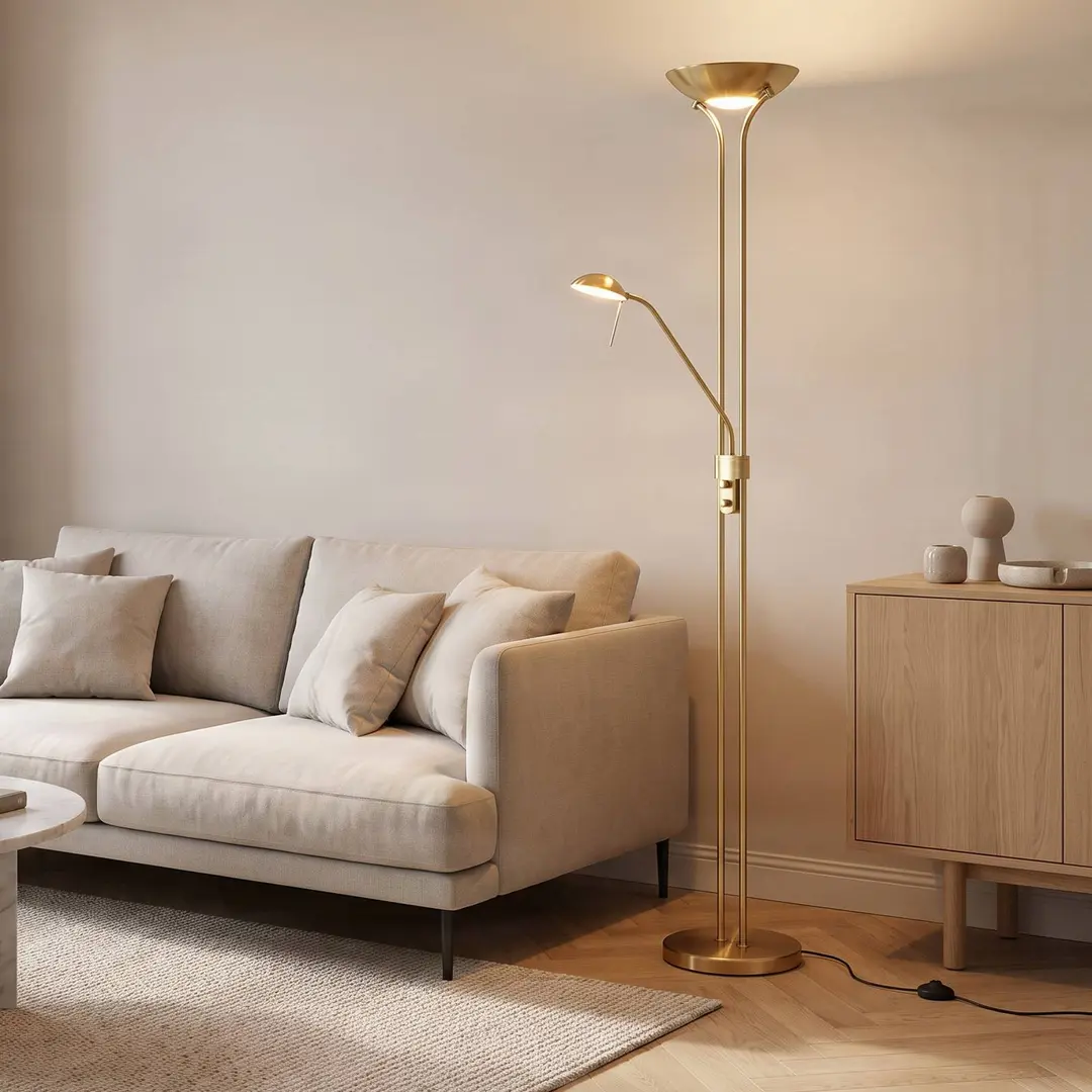 Lindby LED-Standleuchte Josefin, messing, Leselicht, dimmbar