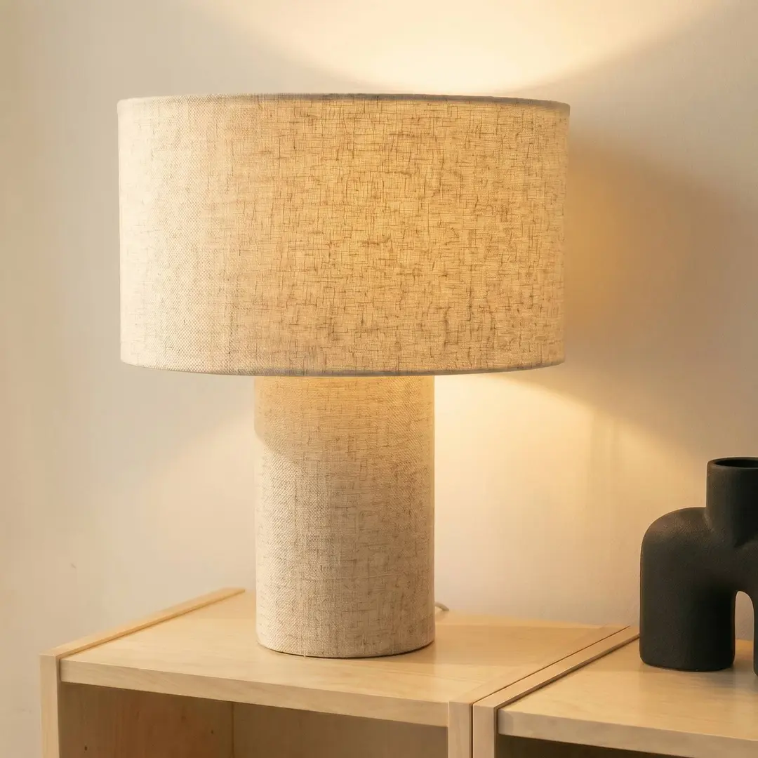 Lindby Tischleuchte Elfie, Ø 35 cm, beige, Leinen, E27