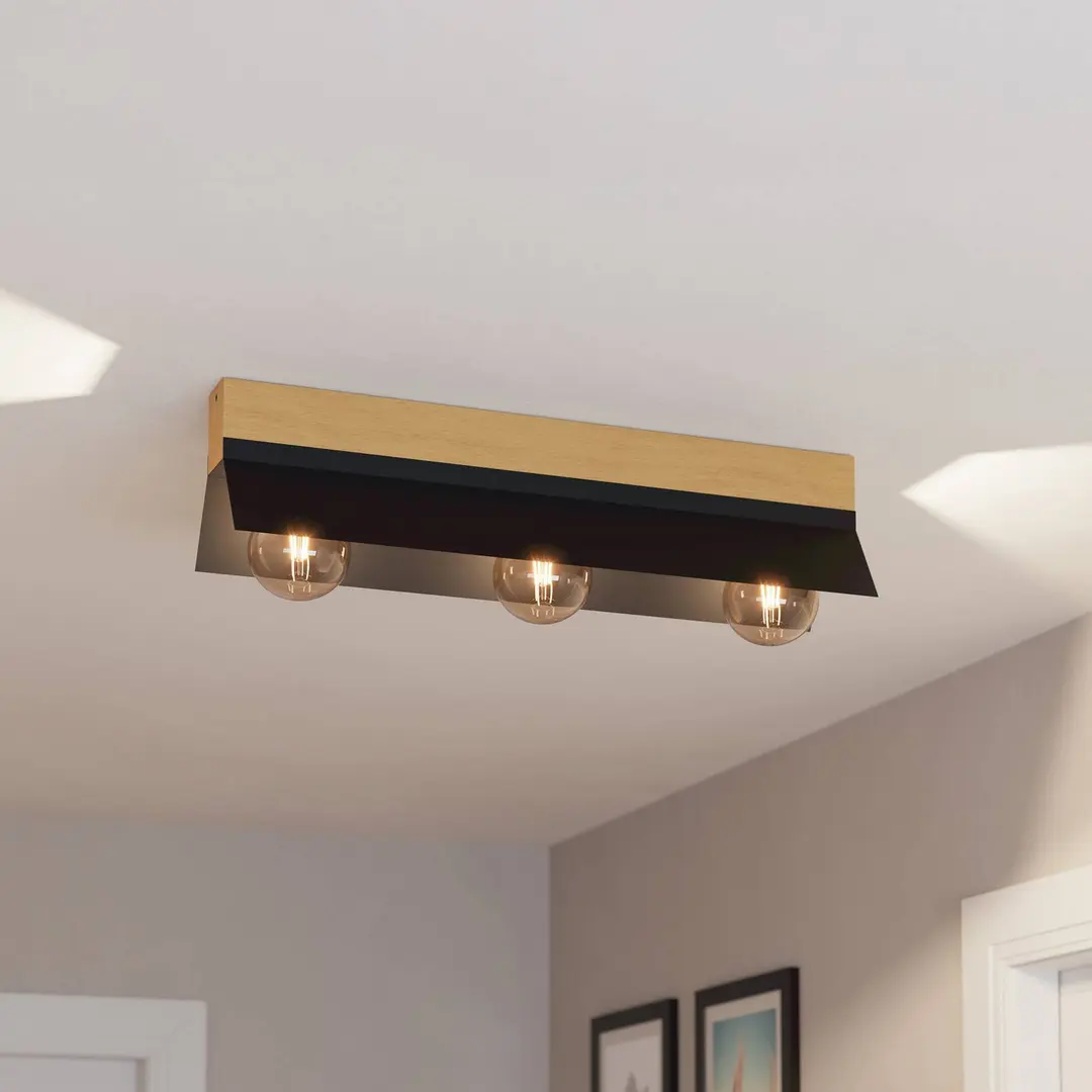 EGLO Deckenlampe Tarrafo schwarz, holz natur, 3-flammig