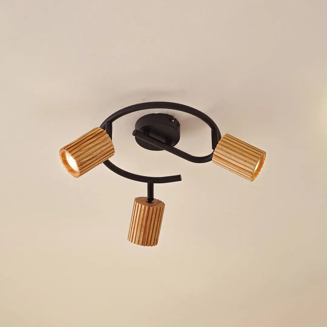 Lindby Deckenstrahler Stralino, 3-flammig, Ø31cm, Holz, GU10