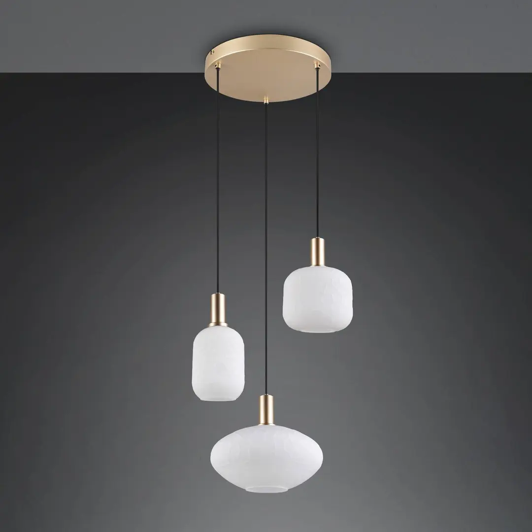 Reality Leuchten Hängelampe Emelie, 3-fl., goldfarben/weiß, Metall, Glas, E27