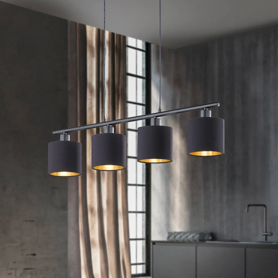 Reality Leuchten Hängelampe Tommy, schwarz/gold, Länge 75 cm, 4-flg., Stoff