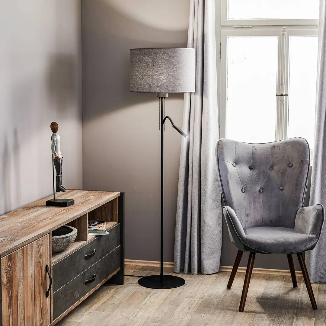 Nowodvorski Lighting Stehlampe Hotel Plus - grauer Schirm und Leselampe