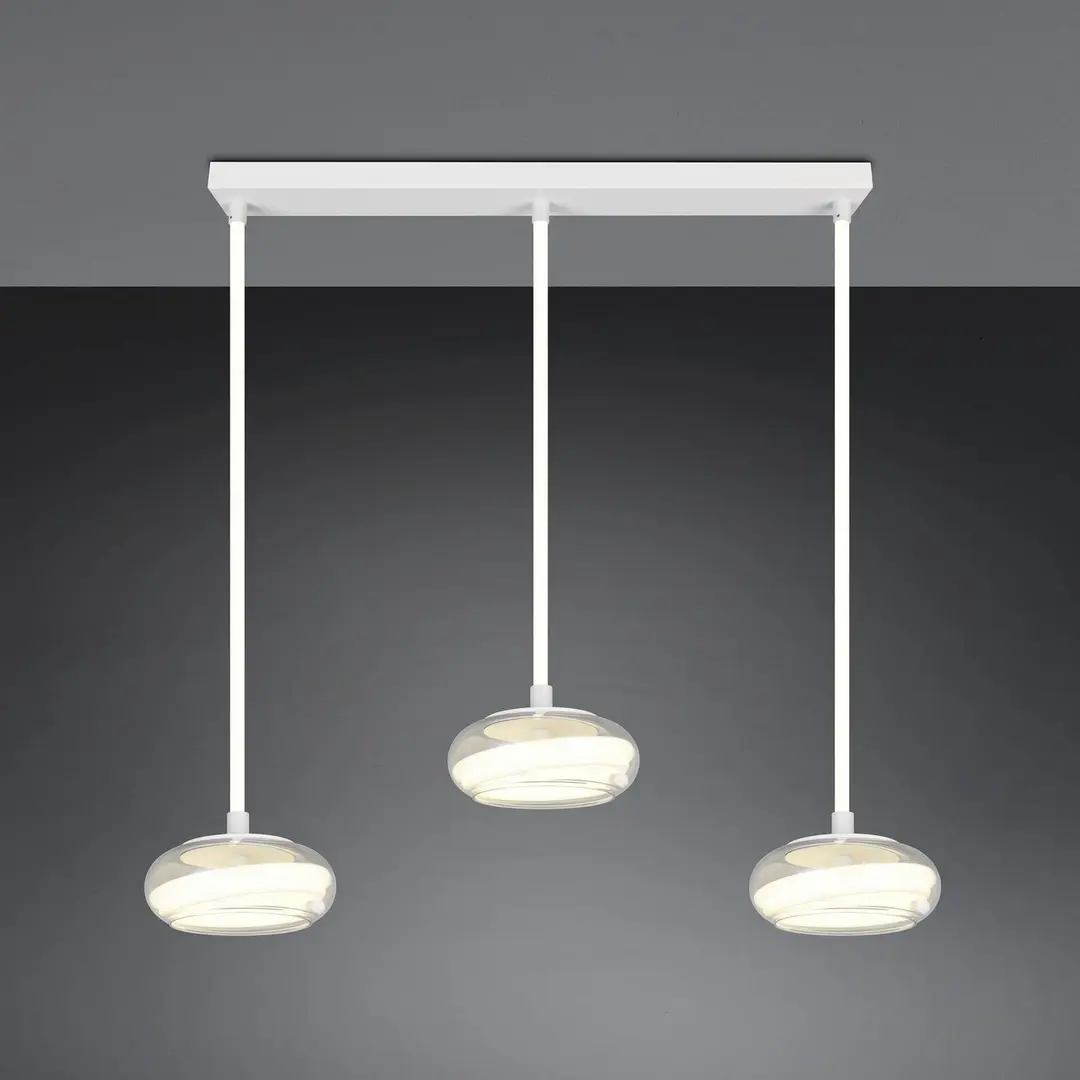 Trio Lighting LED-Hängelampe Tarsia, weiß matt, Länge 91 cm, Glas, 3-flg.