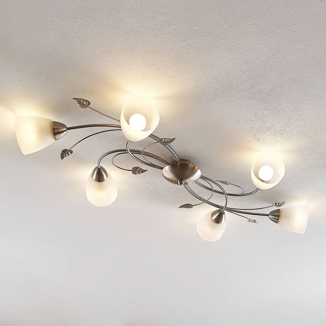 Lindby Deckenlampe Yannie, 6-flg., 106 cm, nickel/weiß, Glas