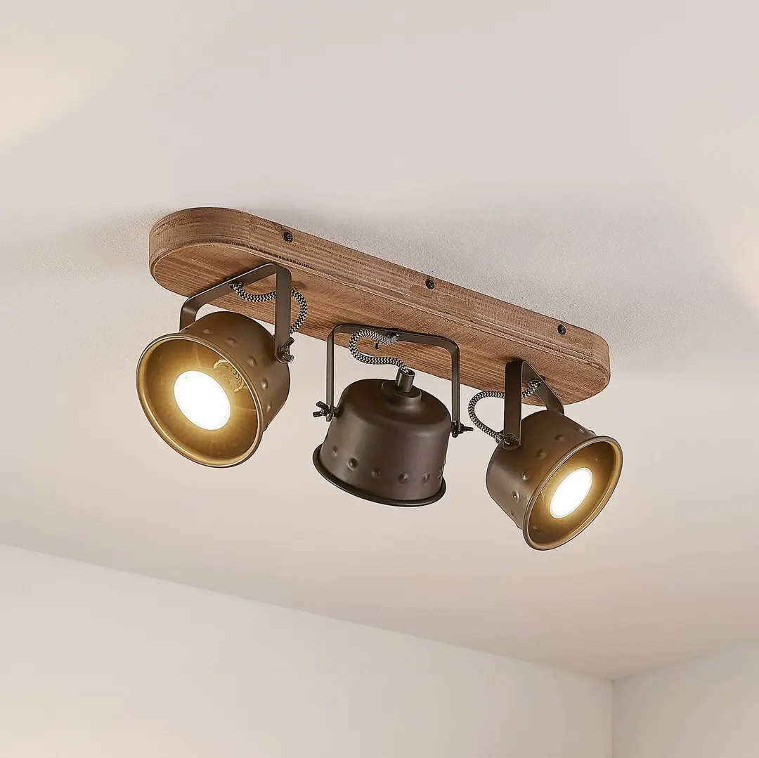 Lindby Deckenstrahler Rubinjo, 45 cm, 3-flg., Holz, GU10