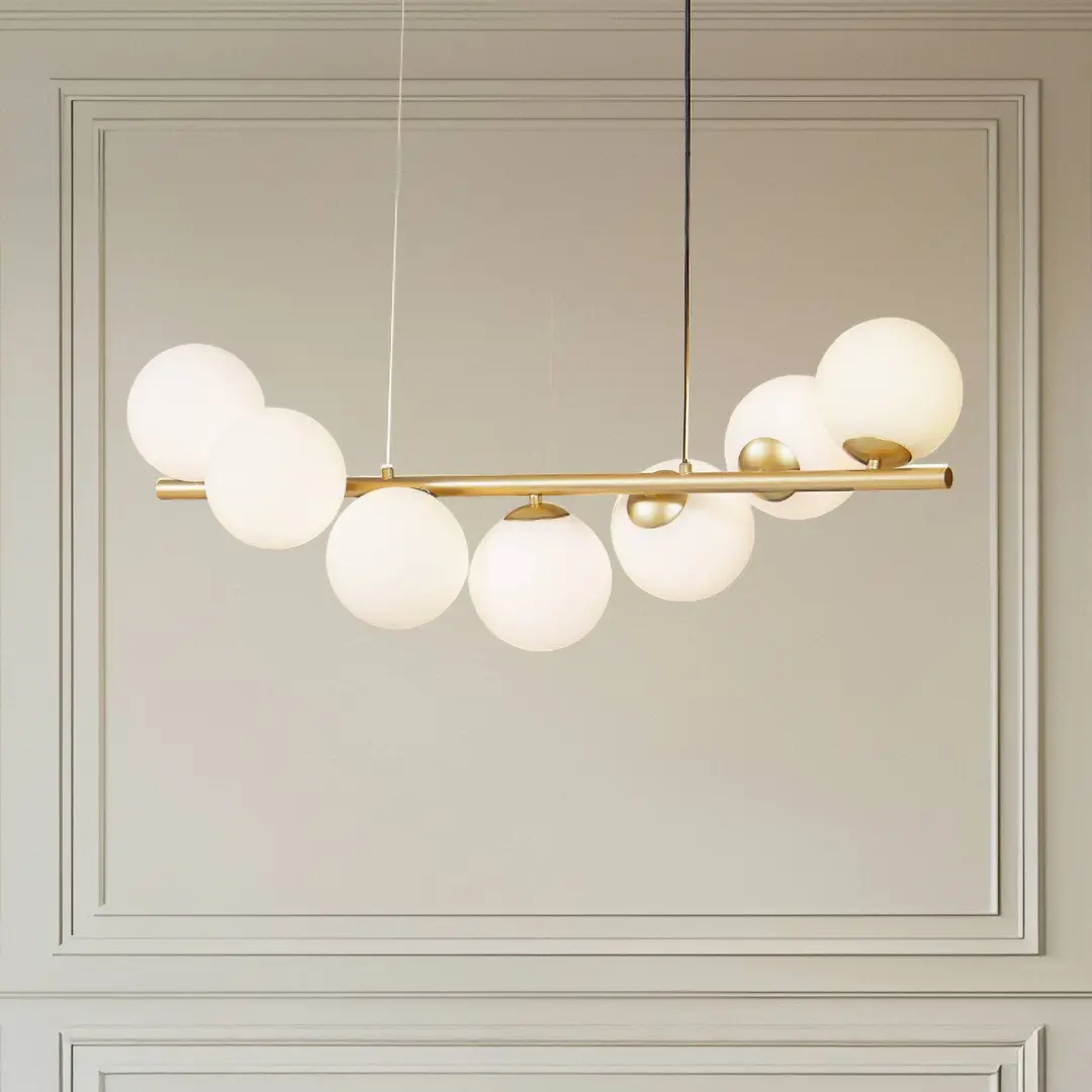Lucande Hängeleuchte Isandro, 95 cm, gold, weiß, 7-flg., G9