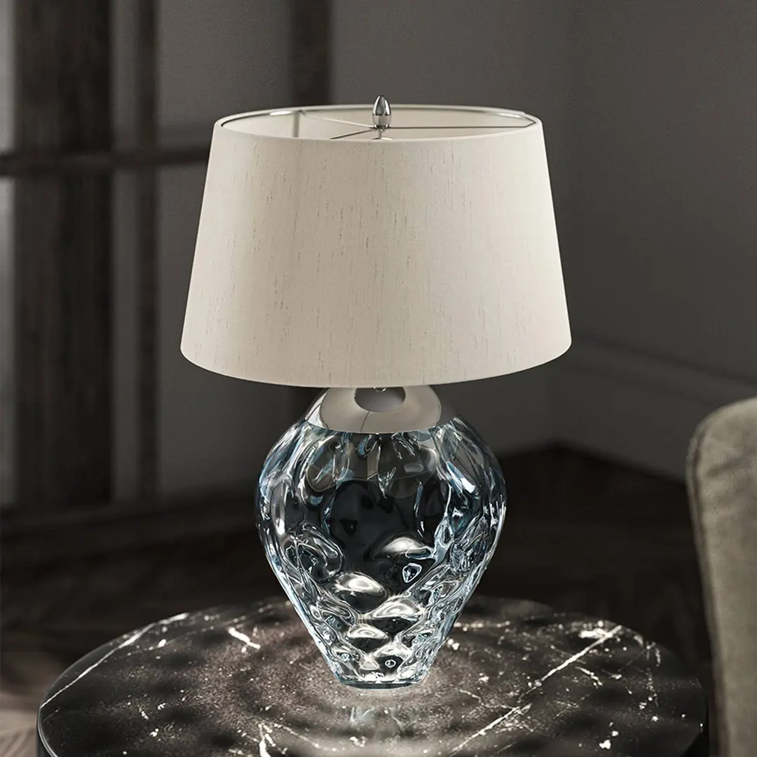 Quintiesse Tischlampe Samara, Ø 45,7 cm, blau, Stoff, Glas, 2-flammig