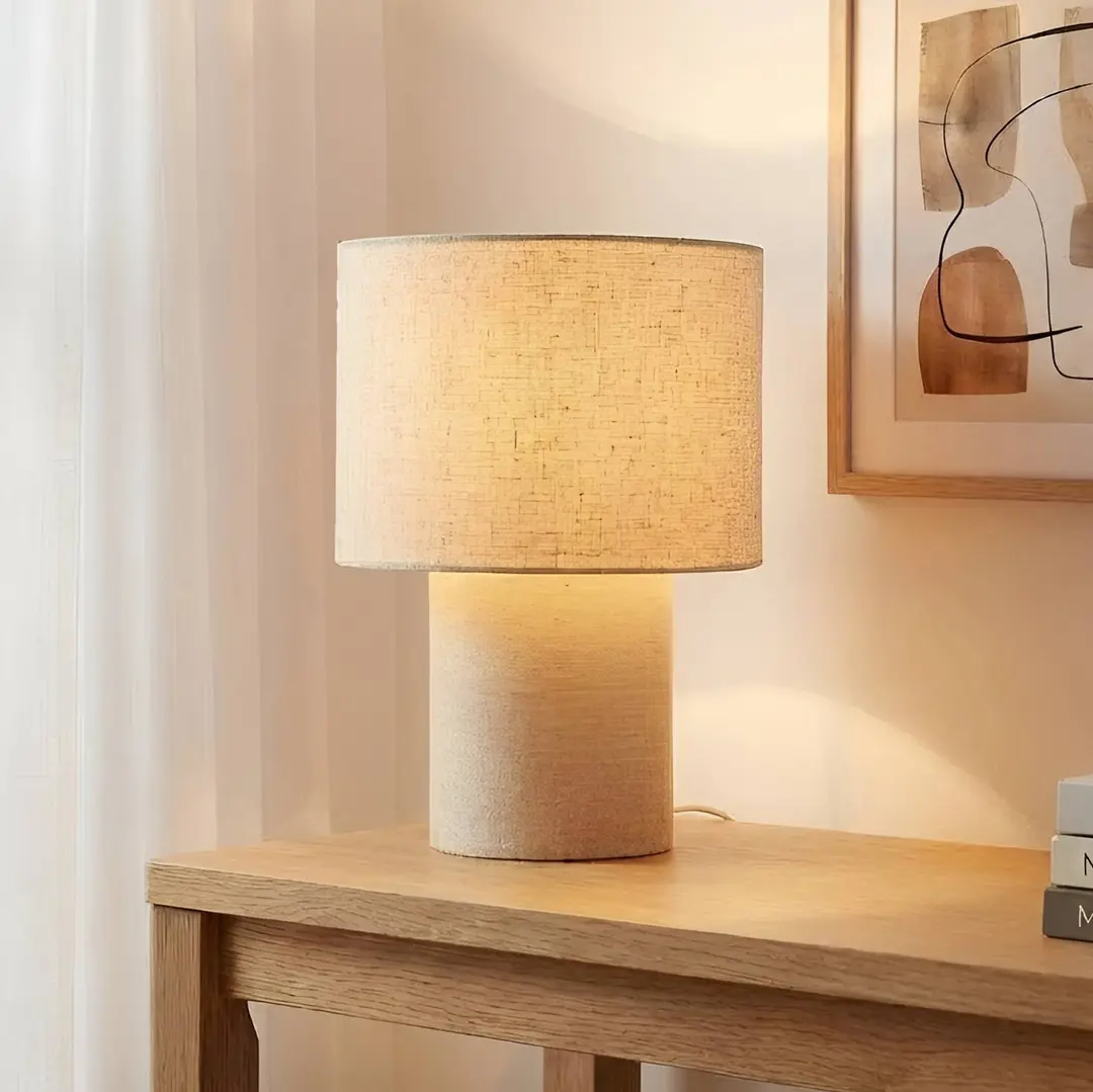 Lindby Tischleuchte Elfie, Ø 23 cm, beige, Leinen, E27