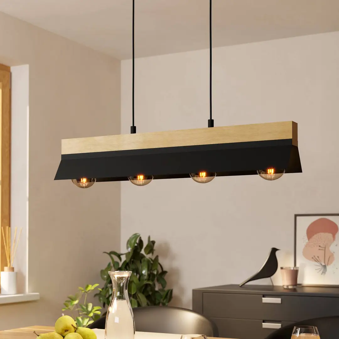 EGLO Hängelampe Tarrafo schwarz, holz natur, 4-flammig