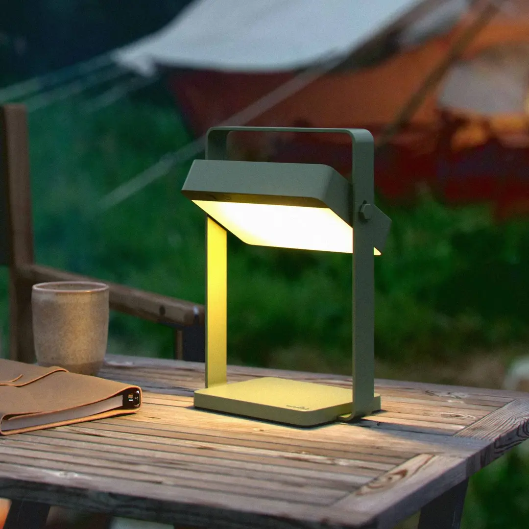 Nordlux LED-Solar-Tischlampe Saulio, olivgrün, IP44, Alu, USB, Akku