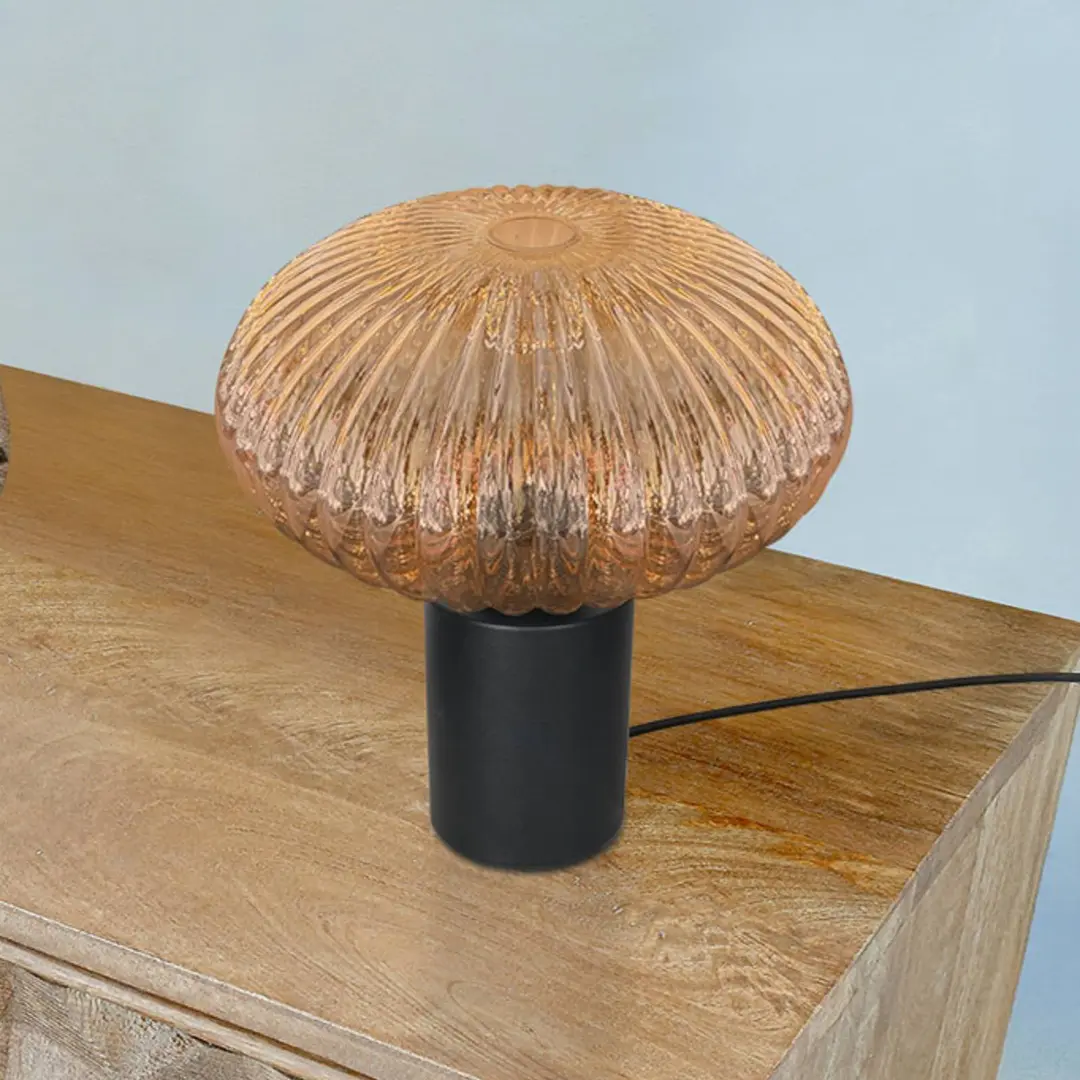 Mexlite Tischlampe Bloeba, Ø 30 cm schwarz/bernsteinfarben, Glas