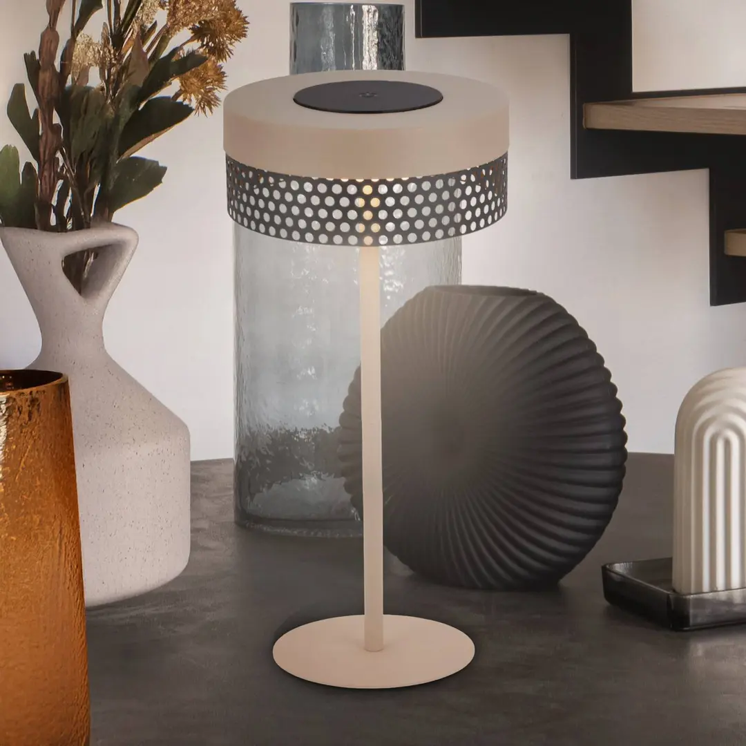 Briloner Akku-Tischleuchte Booha, beige, Metall, IP44, dimmbar