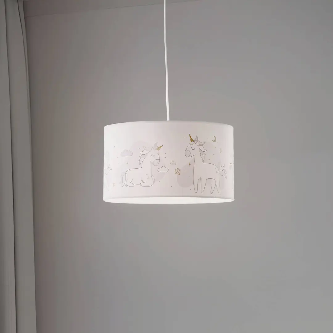 Duolla Hängeleuchte Mila, Ø 35 cm, weiß, Stoff, Einhörner, E27