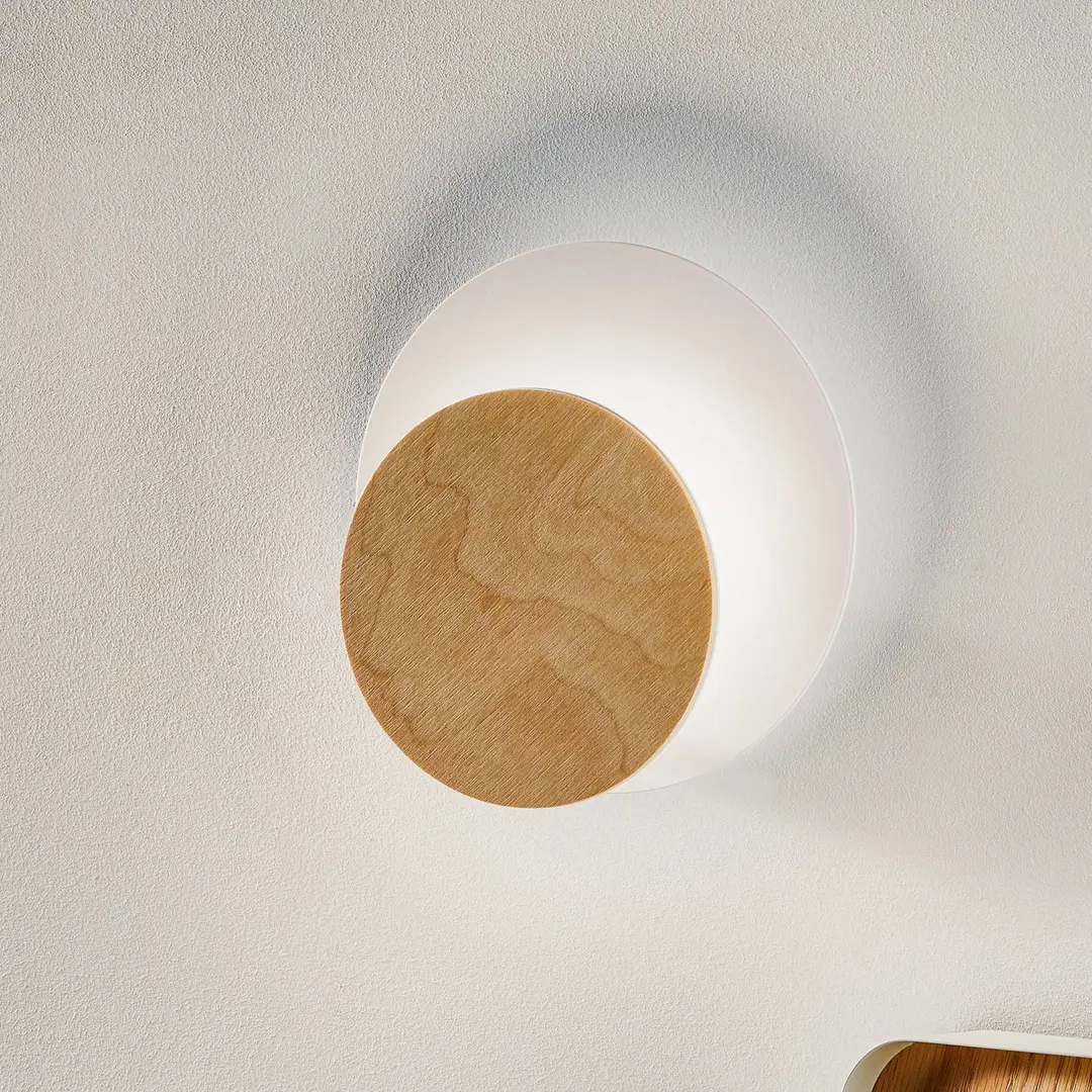 EMIBIG LIGHTING Wandlampe Circle in Weiß, Dekorplatte Holz hell