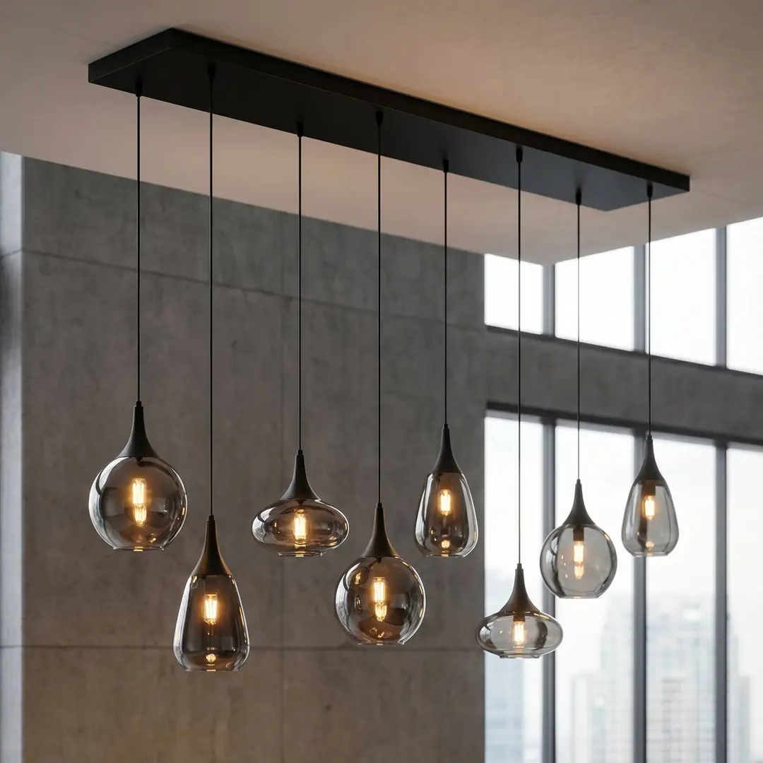 Trio Lighting Hängeleuchte Lumina, 8-flammig, schwarz/chrom, Glas