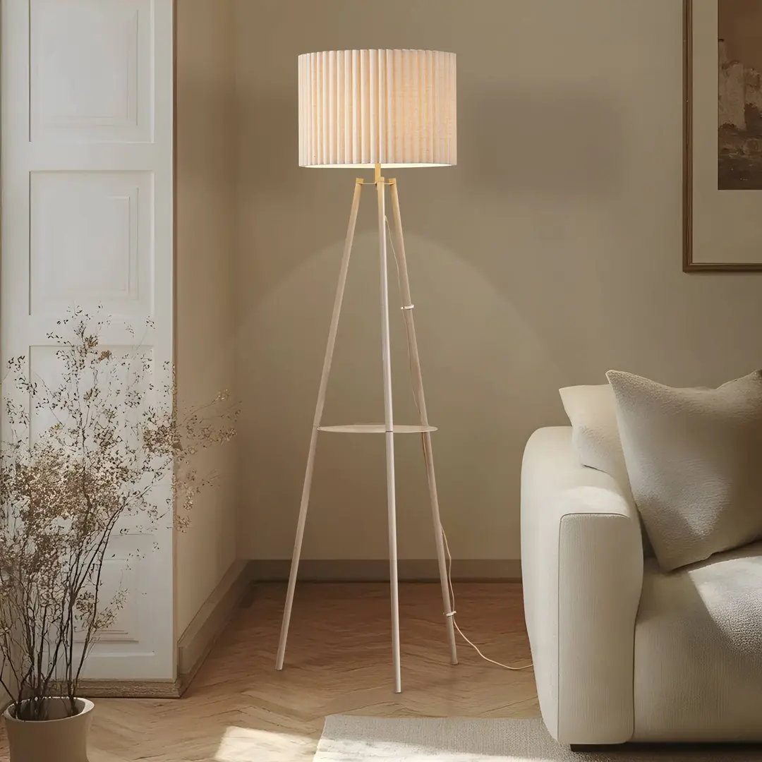 Lindby Dreibein-Stehlampe Libbie, 155cm, Leinen, cremefarben