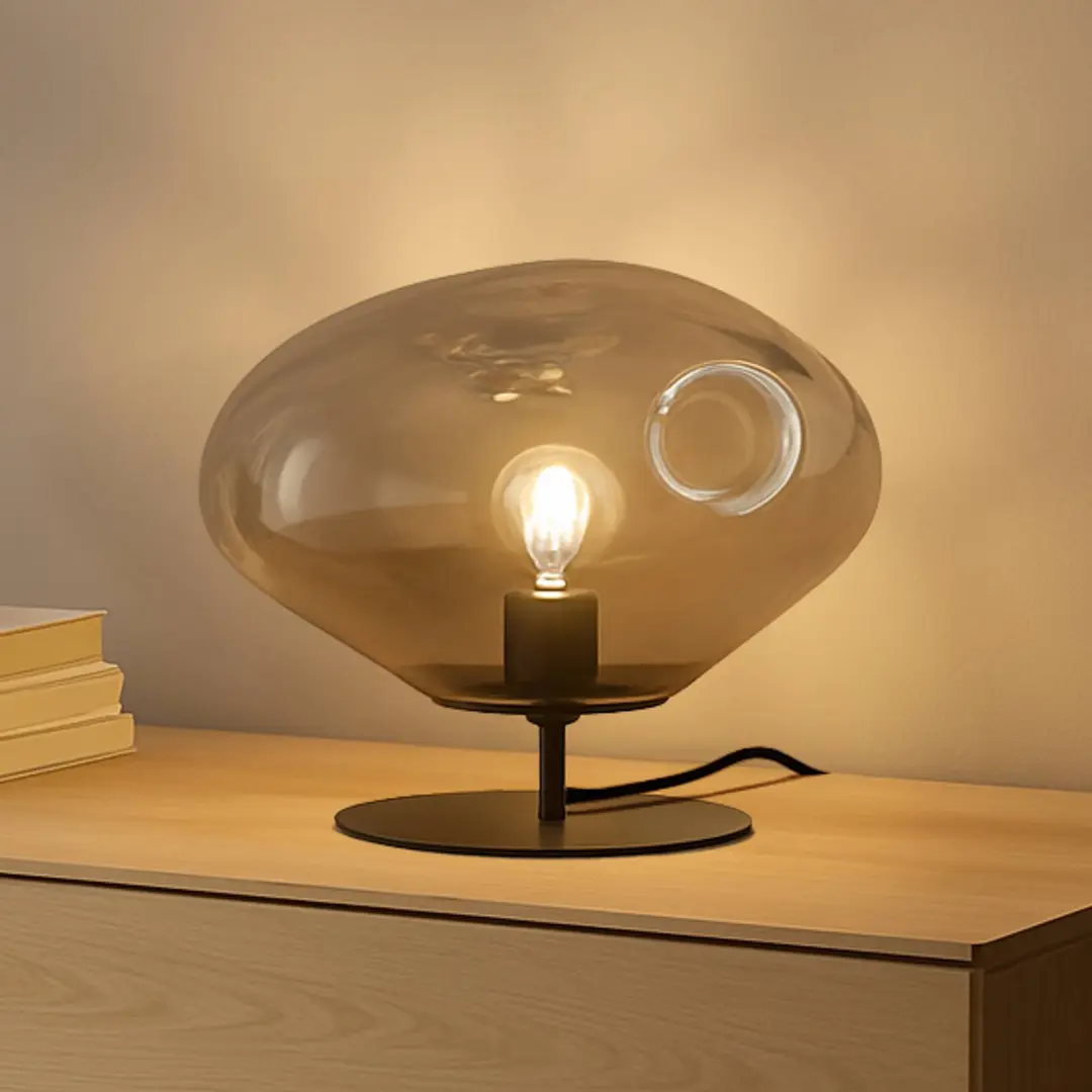 Lindby Tischleuchte Lelia, rauchgrau, Glas, Metall, Ø 35 cm