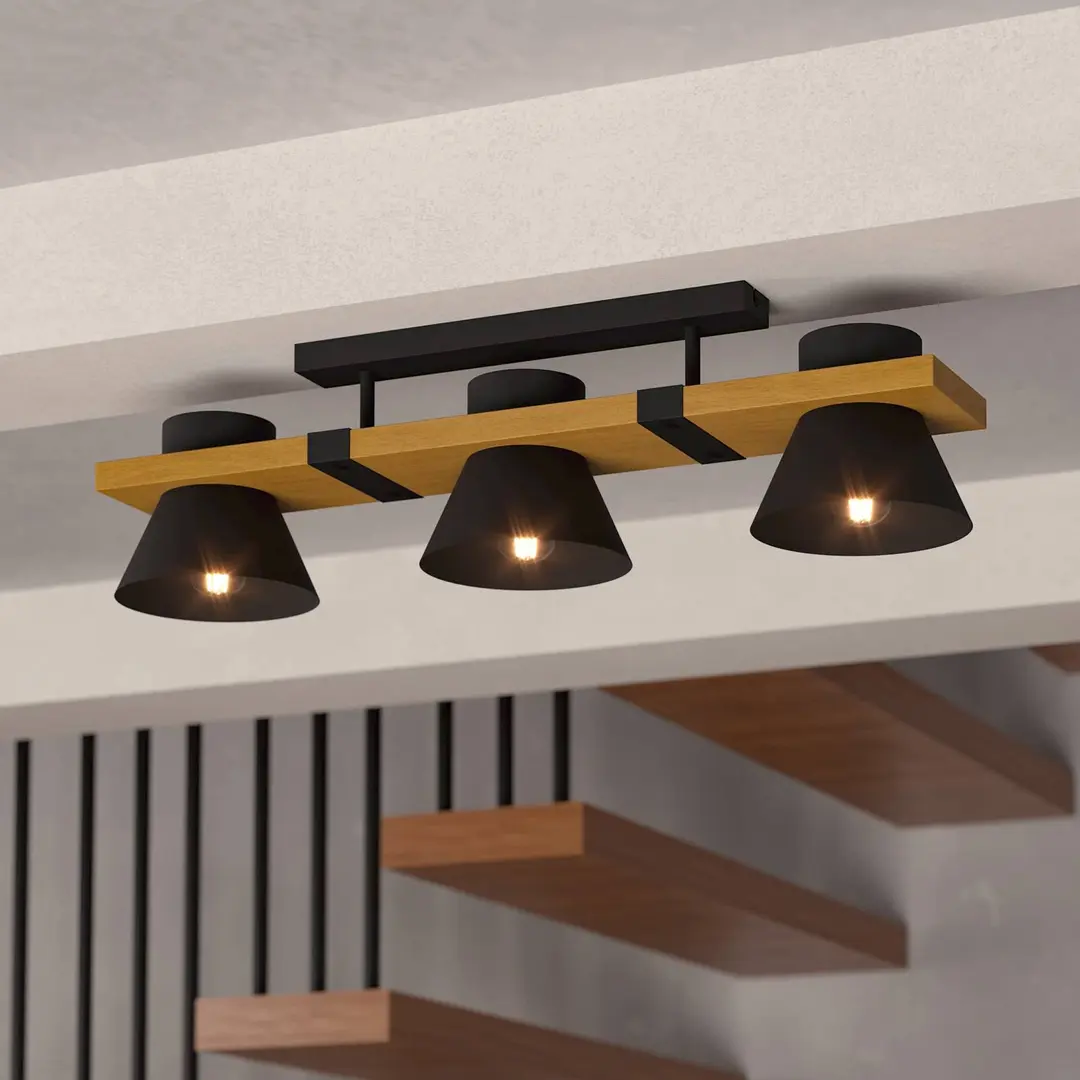 EGLO Deckenleuchte Maccles in Schwarz mit Holz, 3-fl.