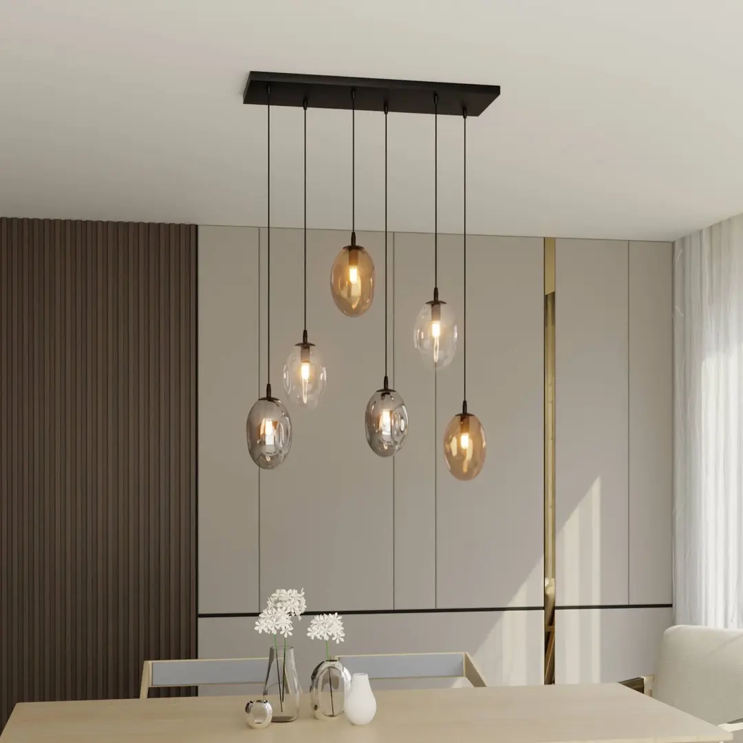 EMIBIG LIGHTING Hängelampe Glassy, bunt, 70 cm, 6-flg., Gläser gewölbt